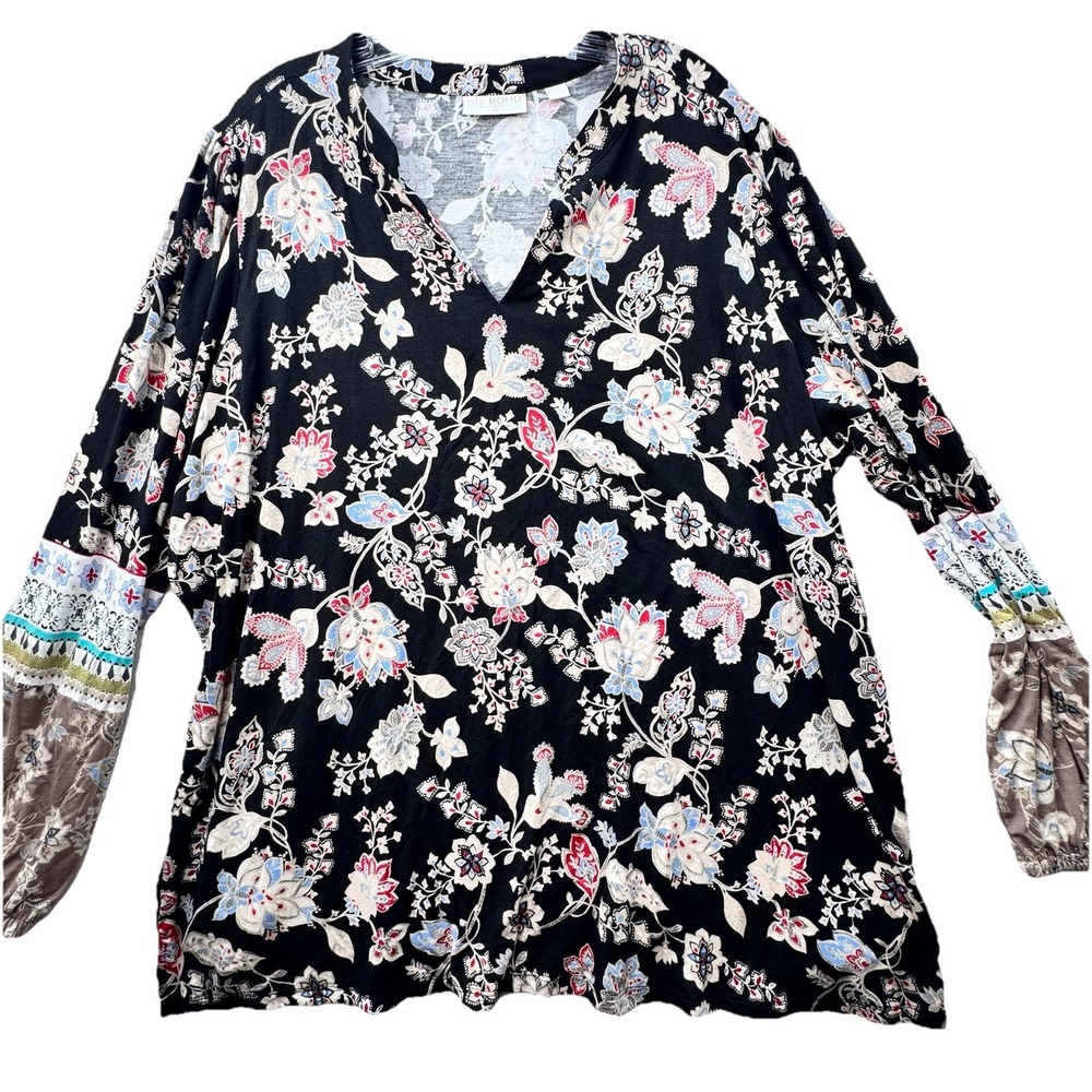 Belle Boho‎ Kim Gravel Women's Top Black Floral Plus Size 2X Long Sleeve Stretch